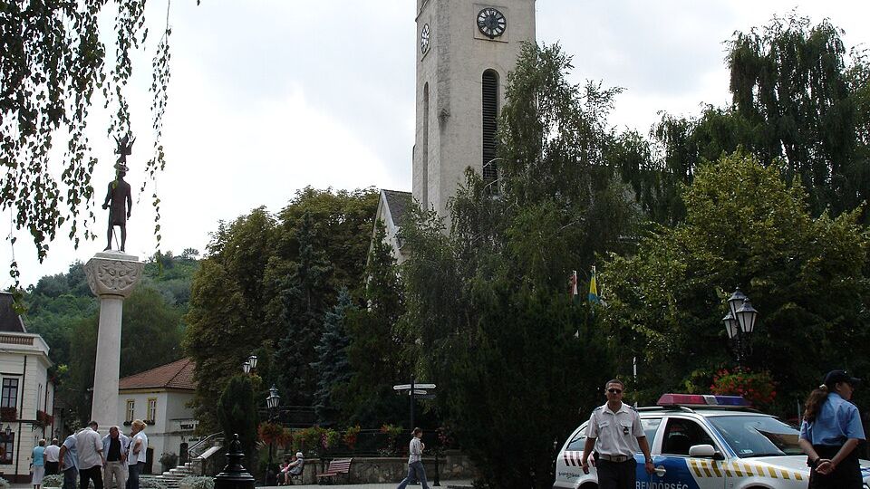 The main square of Tokaj with the church